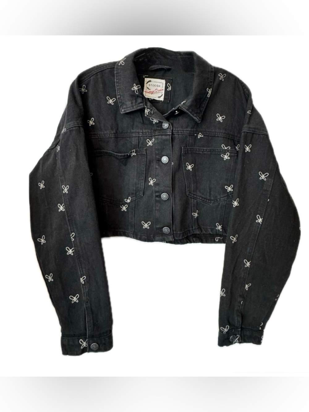 Vintage Stoosh Black Cropped Denim Jacket Butterfly Embroidered Y2K Grunge M/L